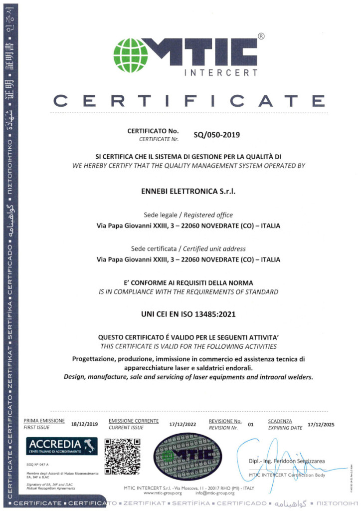 Certificazioni ISO 13845:2021. Progettazione, produzione, immissione in commercio ed assistenza tecnica di apparecchiature laser e saldatrici endorali